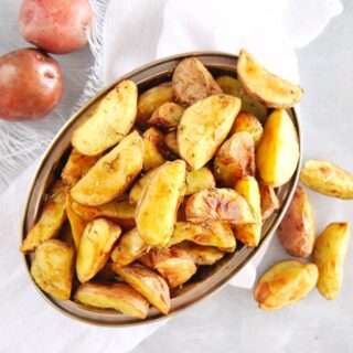 Overhead shot of a bowl of roasted potatoes made in the air fryer