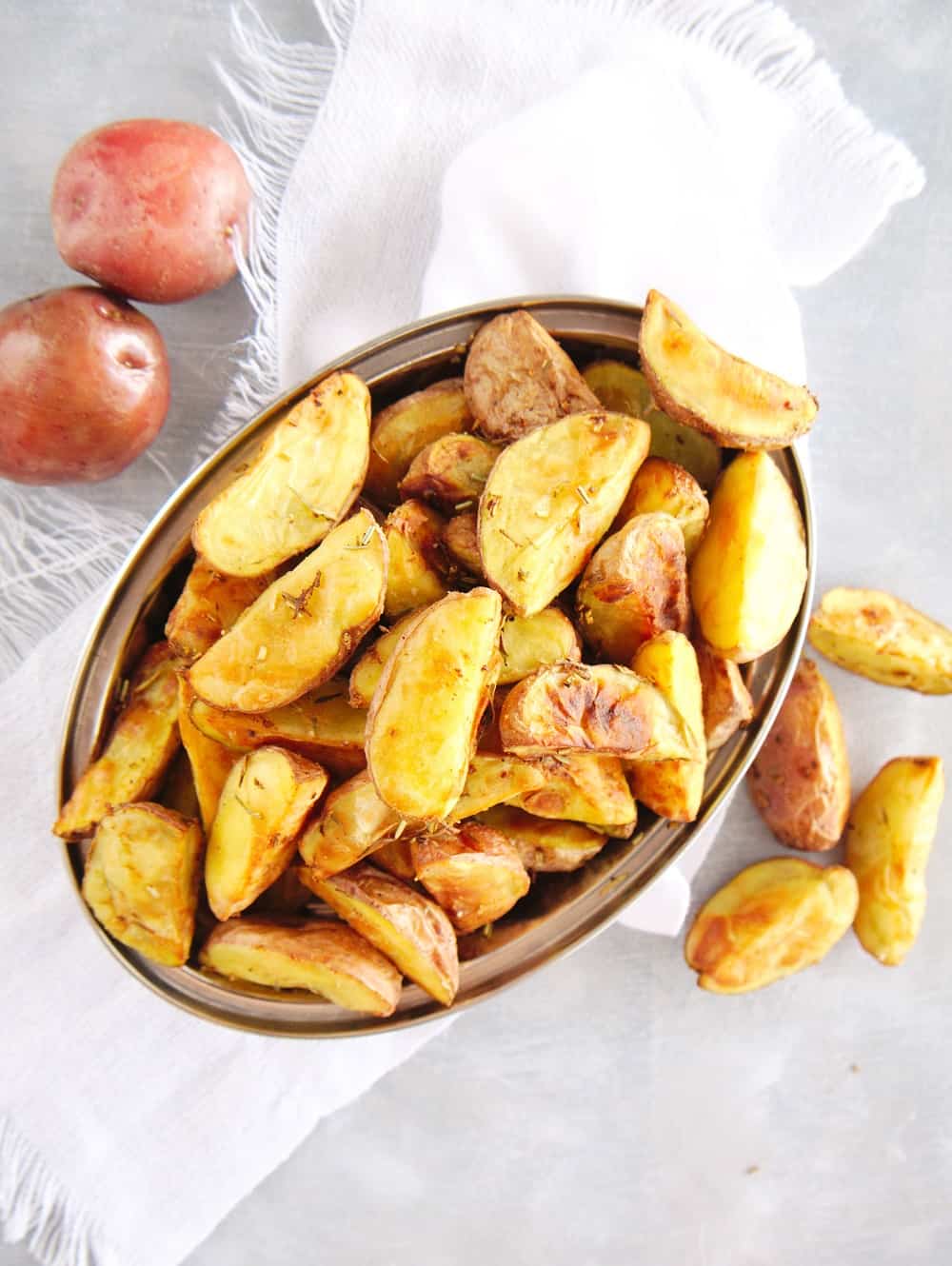 Overhead shot of a bowl of roasted potatoes made in the air fryer