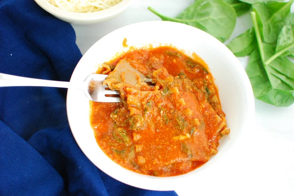 Single serve lasagna in a white bowl