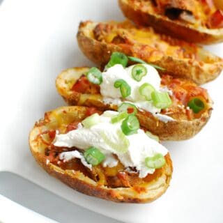 air fryer potato skins on a white platter