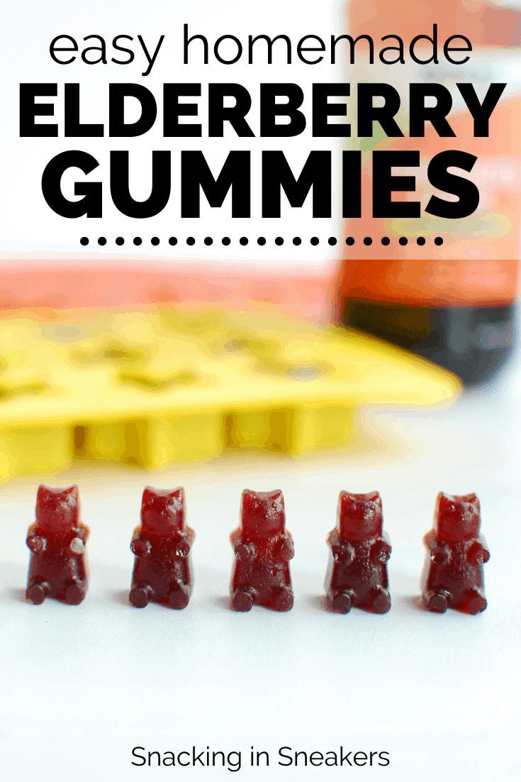 5 elderberry gummy bears on a white table.