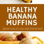 several overripe bananas and two muffins stacked on top of each other