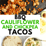 A tablescape with a pan of bbq cauliflower and chickpeas, a bowl of pineapple, a bowl of cabbage slaw, and a plate of corn tortillas