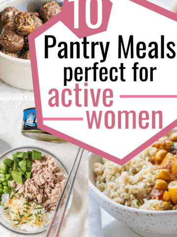 three different easy pantry meals - energy balls, tuna sushi bowls, and chickpea curry