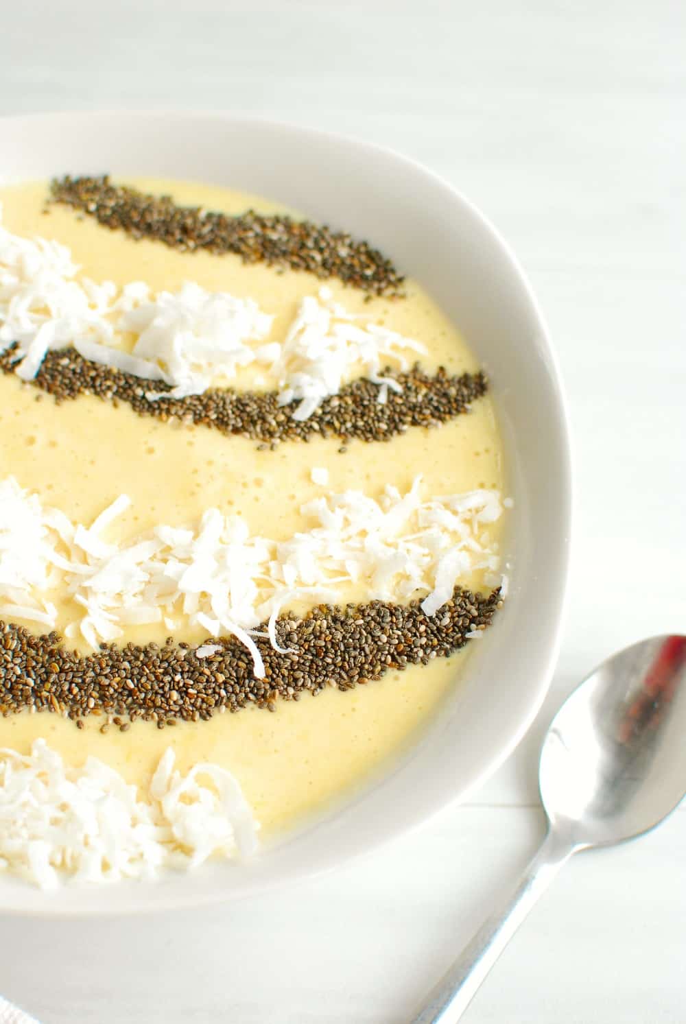 a high fiber smoothie bowl topped with chia and coconut