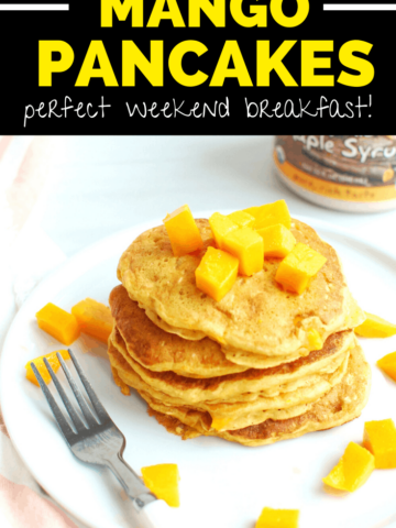 a stack of mango pancakes on a white plate next to a fork