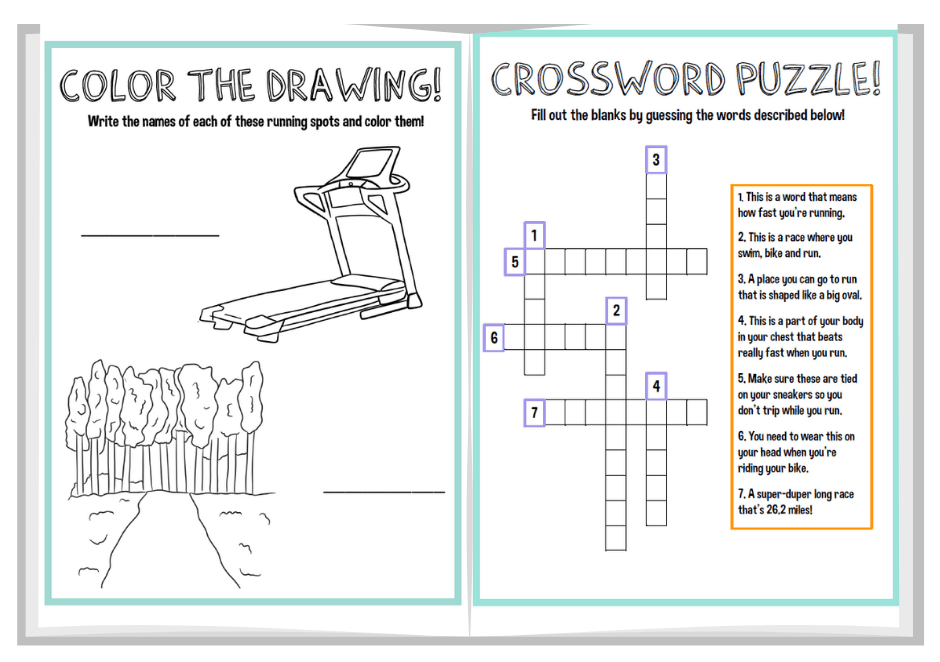 two sample pages from the kids running activity book