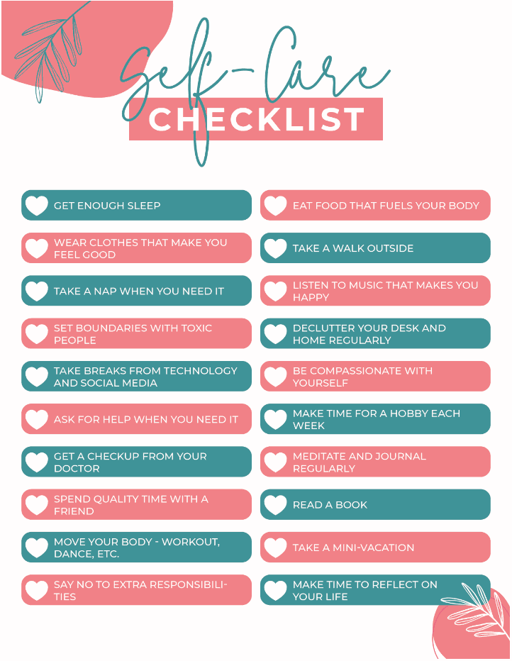 self care checklist with different activities