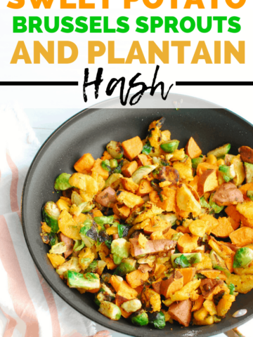 a skillet full of sweet potato brussels sprouts hash