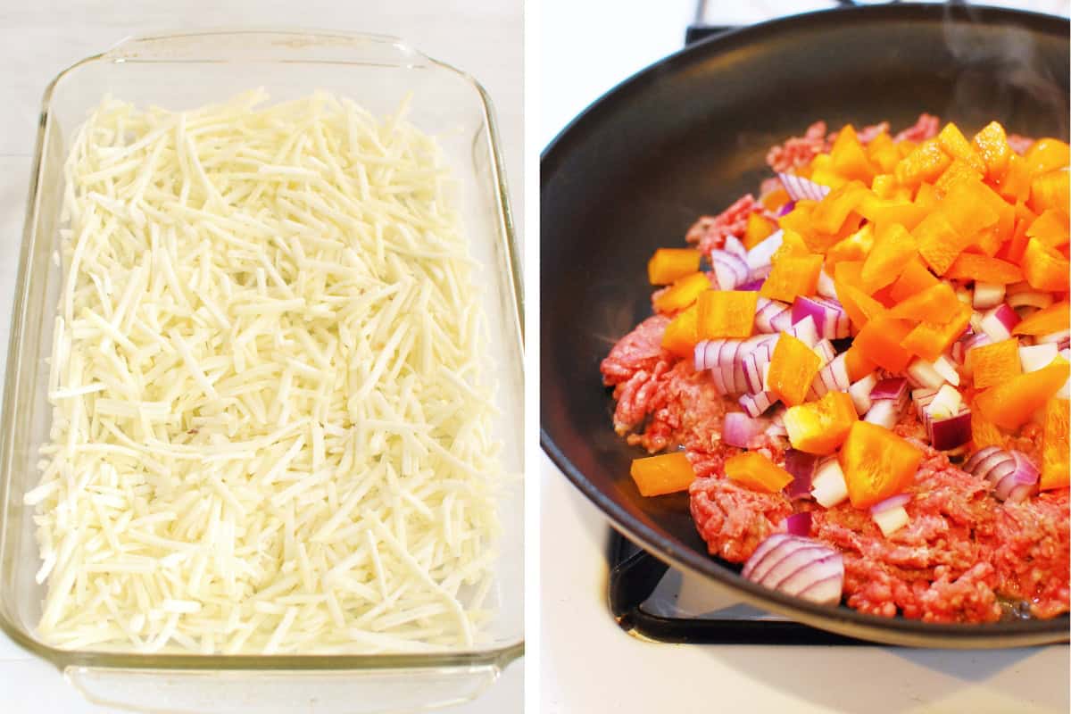 A collage of two steps: the hashbrowns poured in a casserole dish, and a skillet with beef, onion, and pepper.