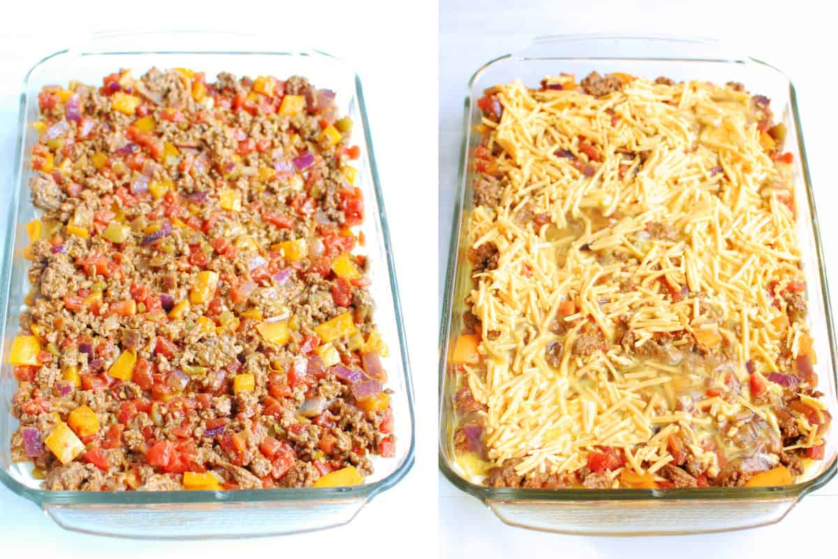 A collage of two steps: the tomato/beef/vegetable mixture poured over the hashbrowns, and then the egg and cheese poured over that.