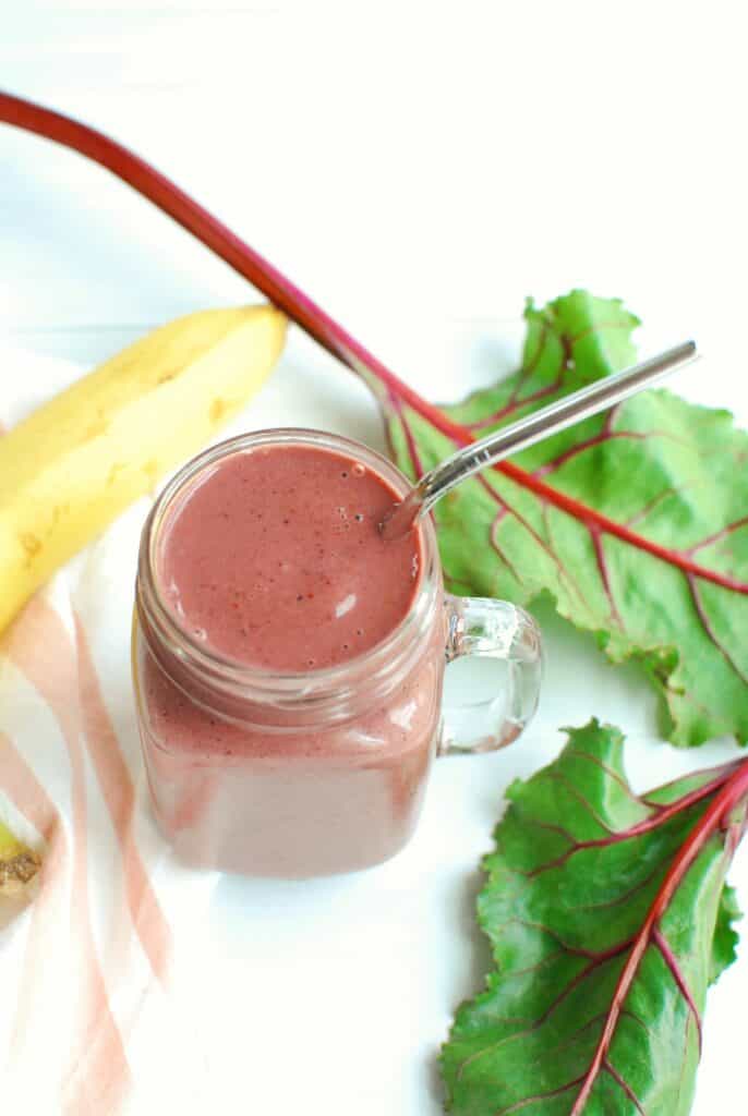 Beet Green Smoothie with Berries and Banana Snacking in Sneakers