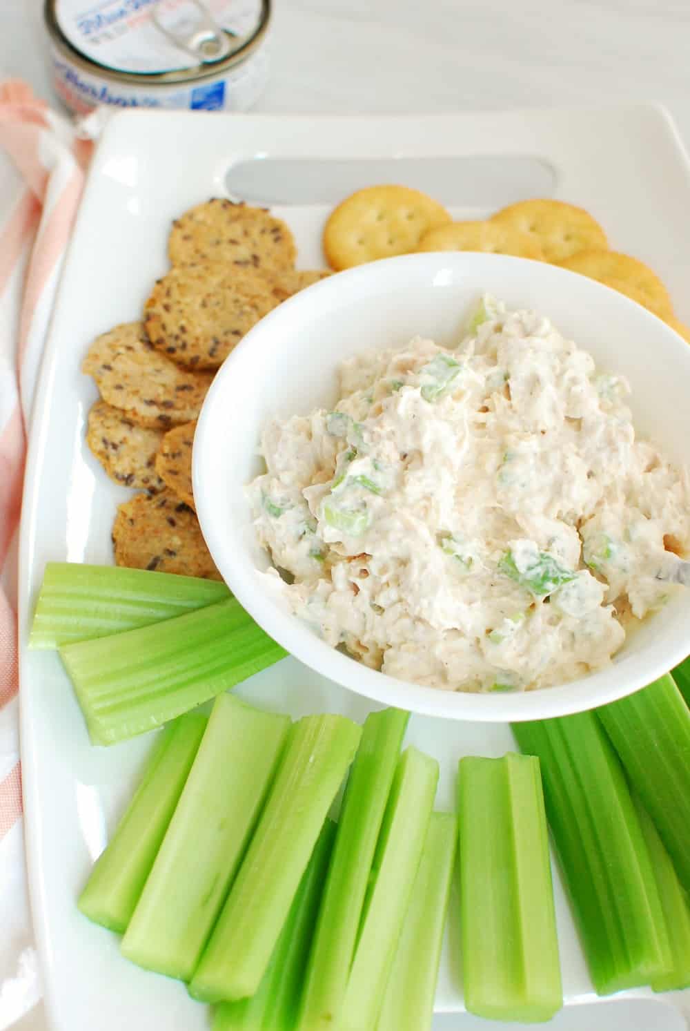 cold version of canned salmon dip next to celery sticks and crackers