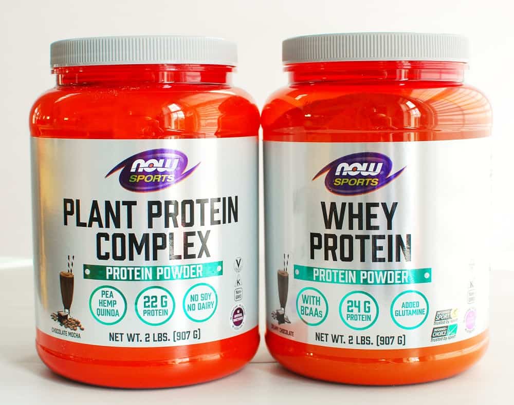 a container of whey protein powder and a container of plant protein powder