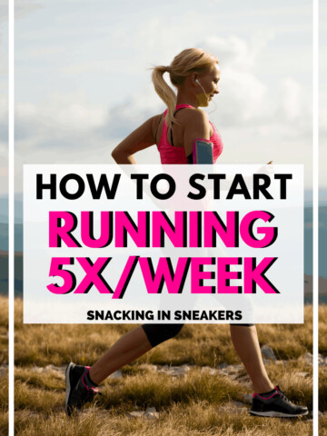 a woman running outside in the grass with a text overlay about how to start running 5 days a week
