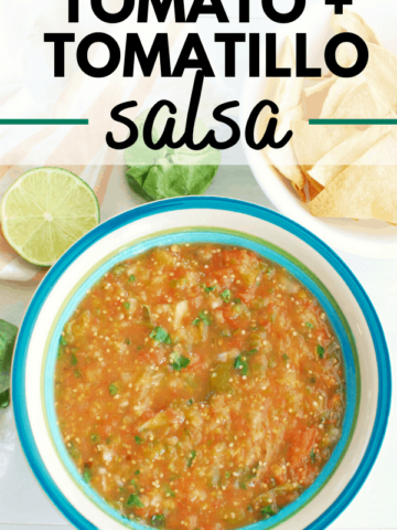 a blue and white bowl filled with tomatillo and tomato salsa, next to a bowl of tortilla chips