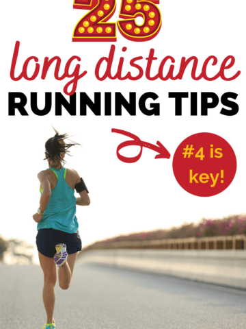 a woman going for a run on the road outside, with a text overlay that says 25 long distance running tips
