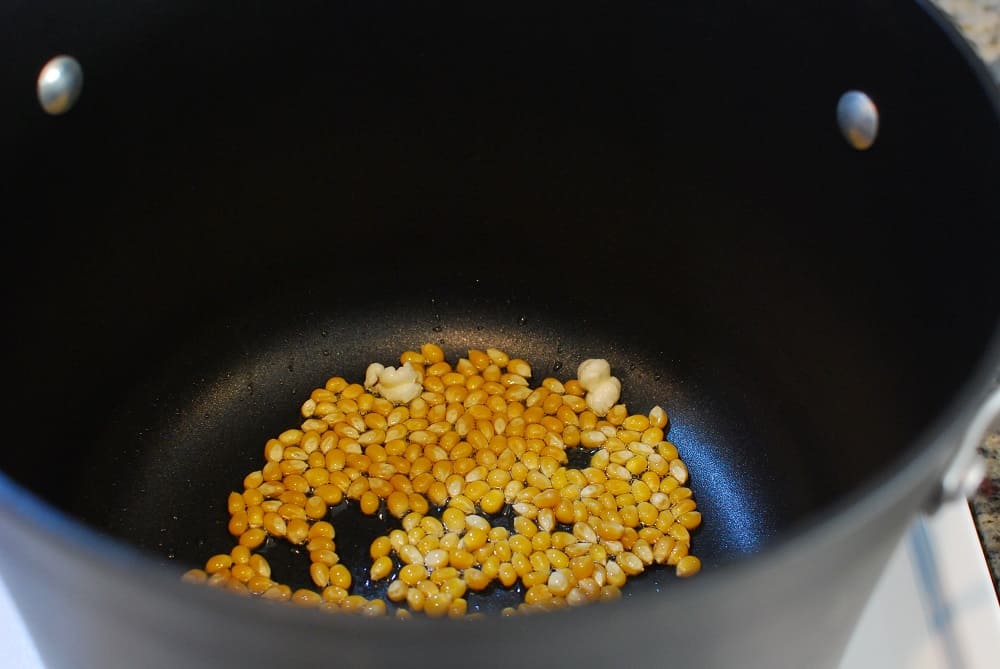 a pot with a bunch of popcorn kernels added into the oil