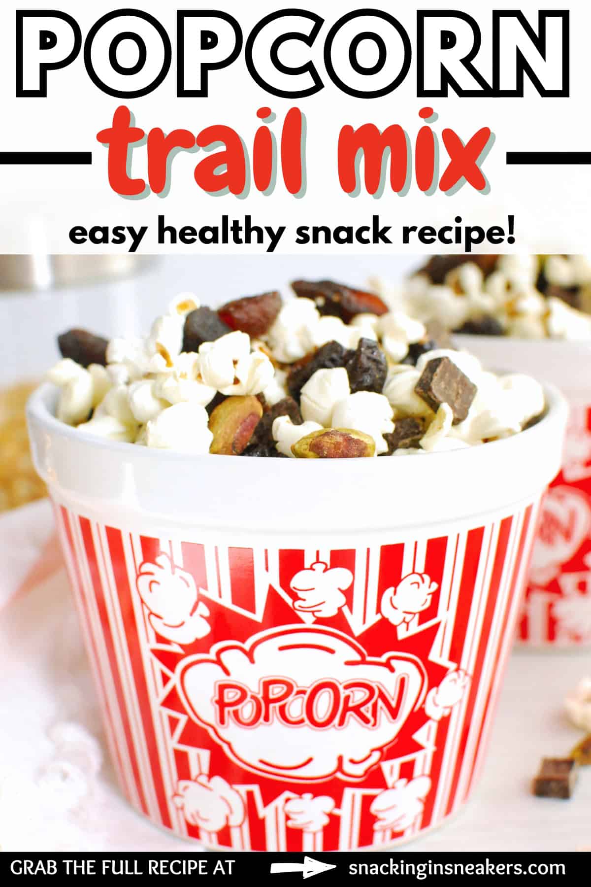 A bowl of popcorn trail mix with a text overlay with the name of the recipe.