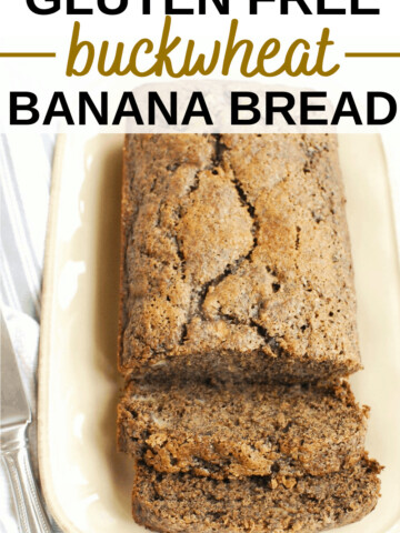 a loaf of buckwheat banana bread on a plate with two slices cut into it and a text overlay