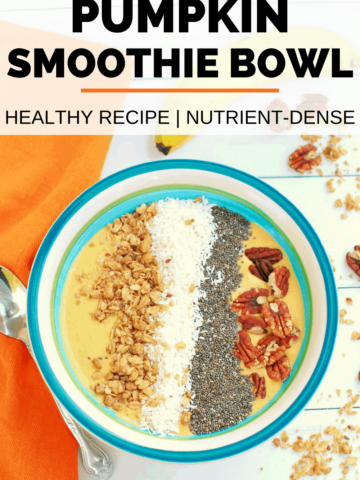 a pumpkin smoothie bowl topped with granola, coconut, chia seeds, and pecans