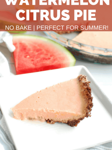 a slice of watermelon pie on a white plate with a slice of watermelon in the background