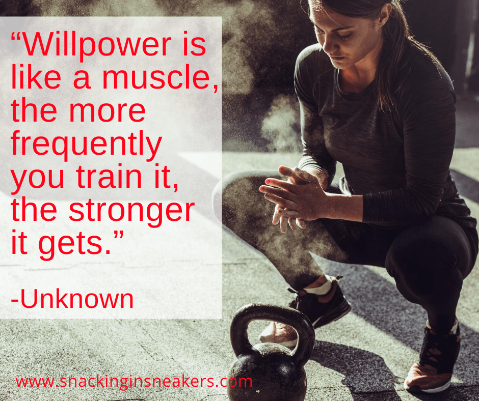 a woman about to lift a kettlebell with a text overlay of the motivational fitness quote “Willpower is like a muscle, the more frequently you train it, the stronger it gets”