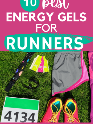 a flatlay of womans running gear with a text overlay that says 10 best energy gels for runners