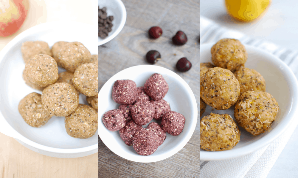 three different kinds of energy bites - apple peanut butter, chocolate cherry, and lemon