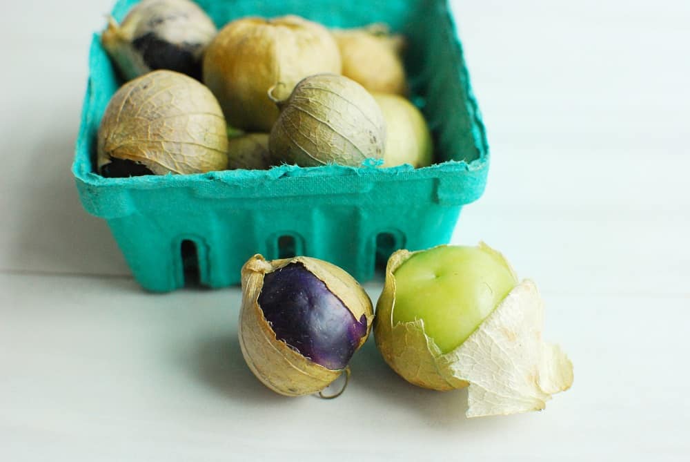 a green and a purple tomatillo still in their husks