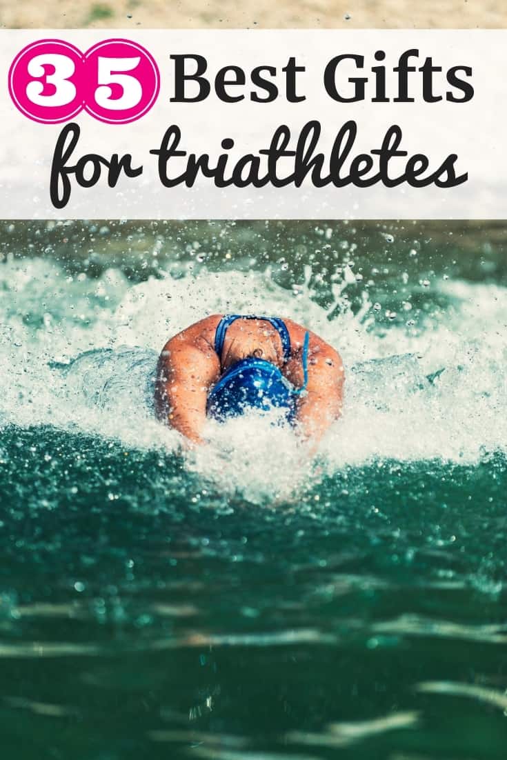 a woman swimming with a text overlay that says 35 best gifts for triathletes