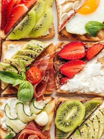slices of toast with healthy toppings like strawberries and nut butter or salmon