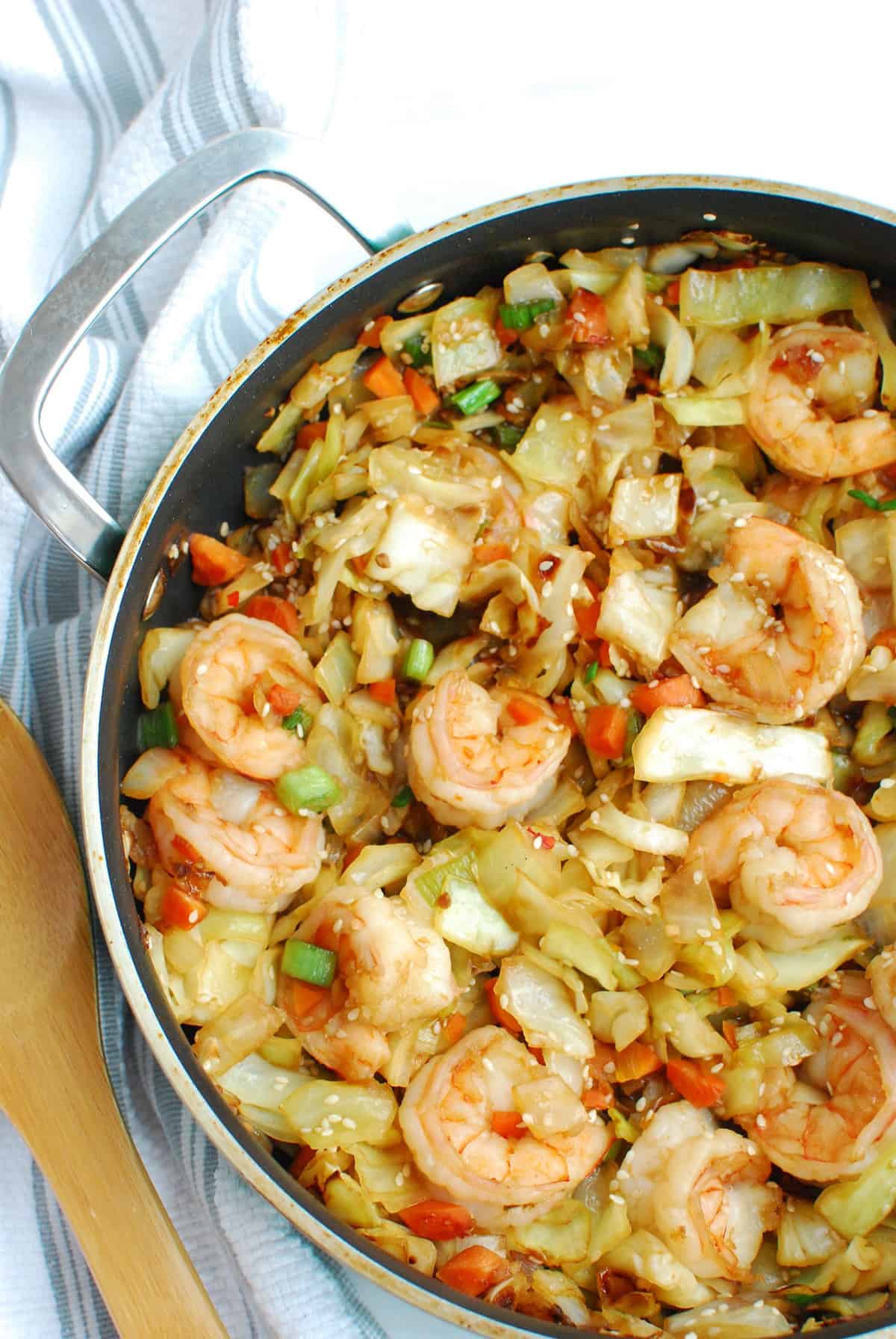 Shrimp egg roll in a bowl still in the pan.