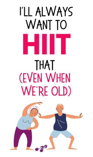 HIIT fitness Valentines Day card featuring two older adults working out.