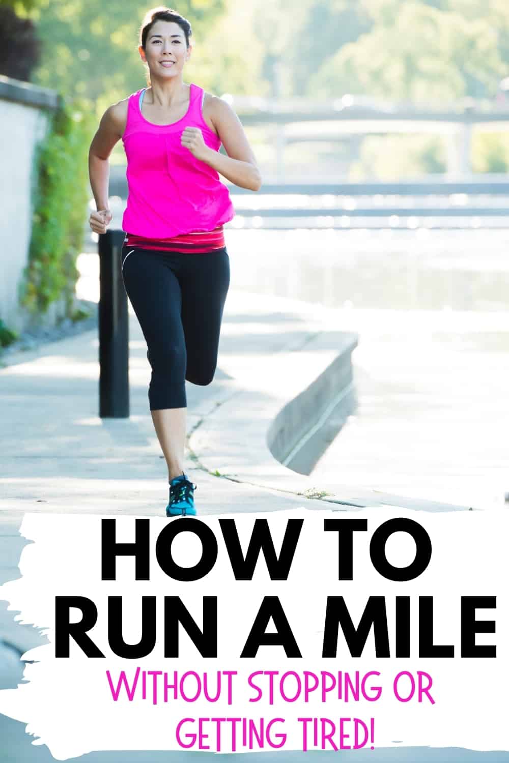 A woman running outside on a sidewalk with a text overlay that says 