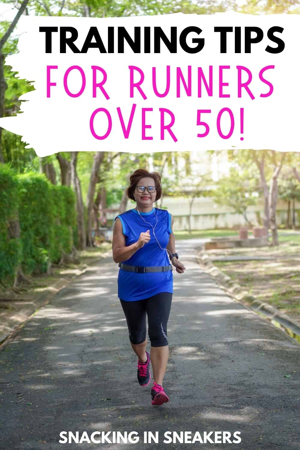 An older woman running outside along a paved path with a text overlay that says 