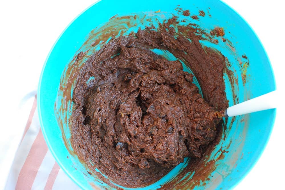 A bowl filled with brownie batter.