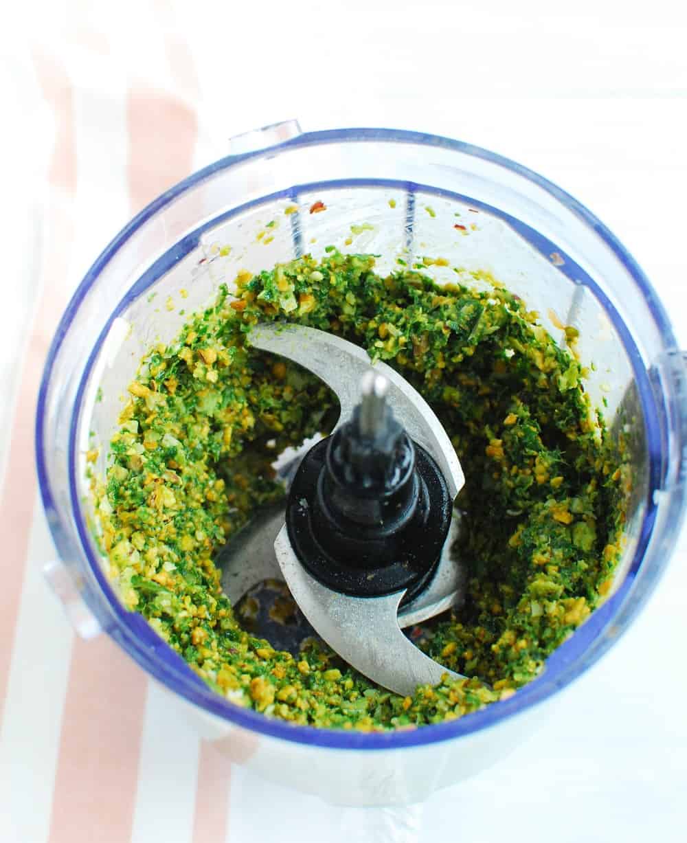 Pistachio pesto in a food processor.