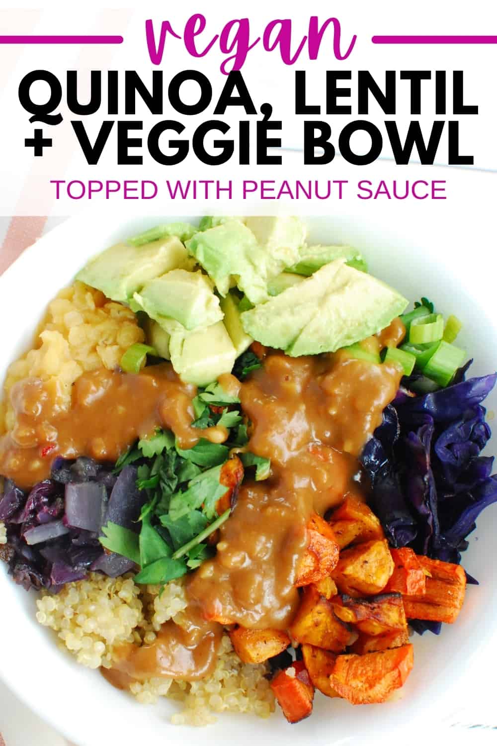 A vegan lentil quinoa bowl topped with peanut sauce, along with a text overlay for Pinterest.