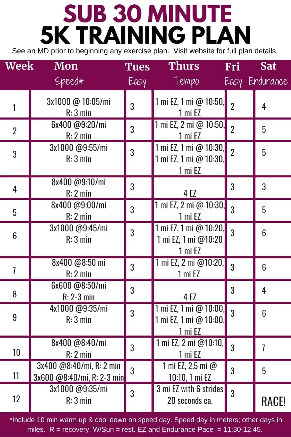 12 Week Sub 30 Minute 5K Plan in chart form.