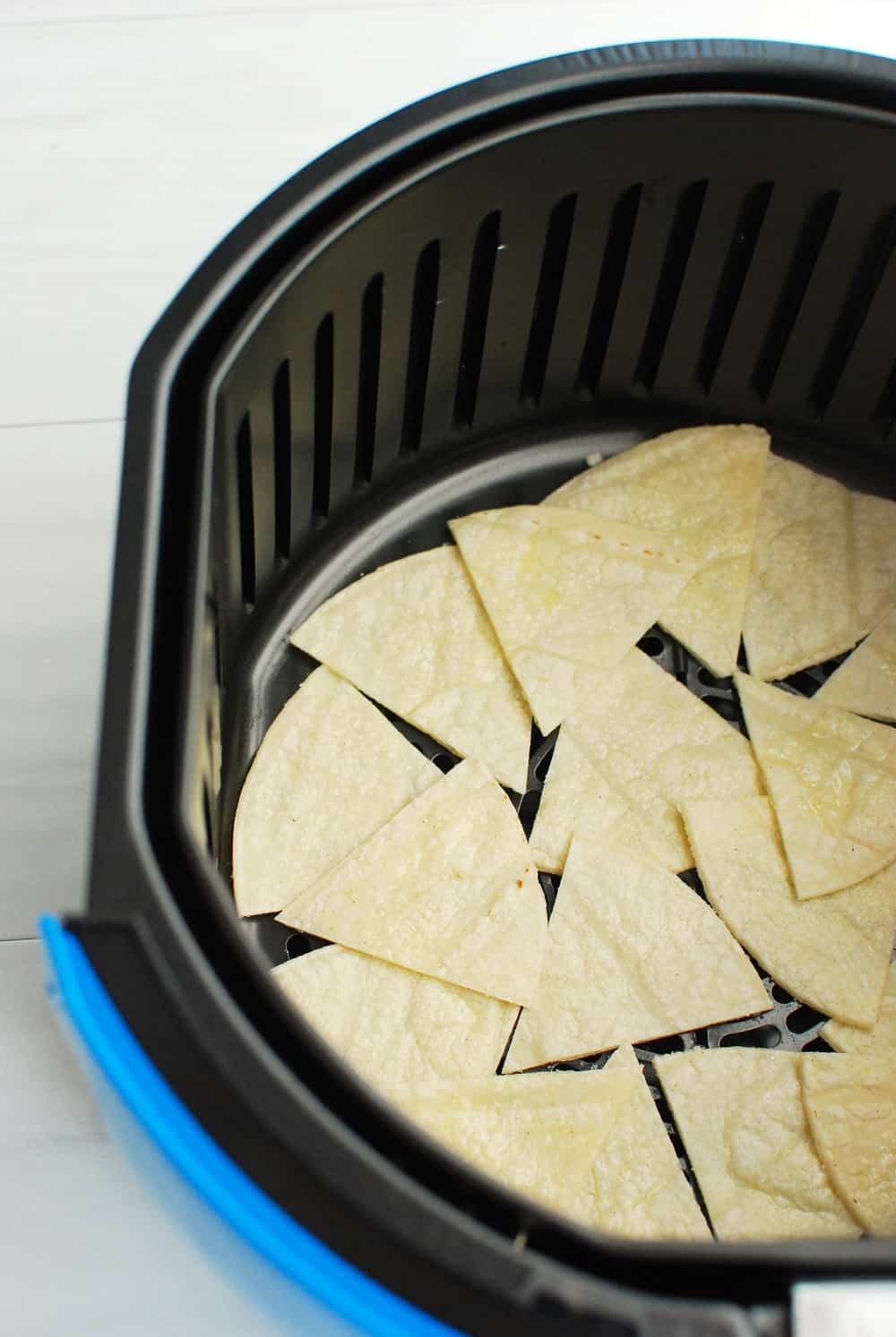 Corn tortillas in the air fryer prior to being cooked.