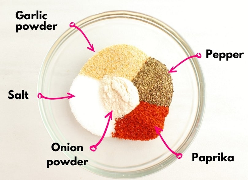 Salt, pepper, paprika, garlic powder, and onion powder in a small prep bowl.