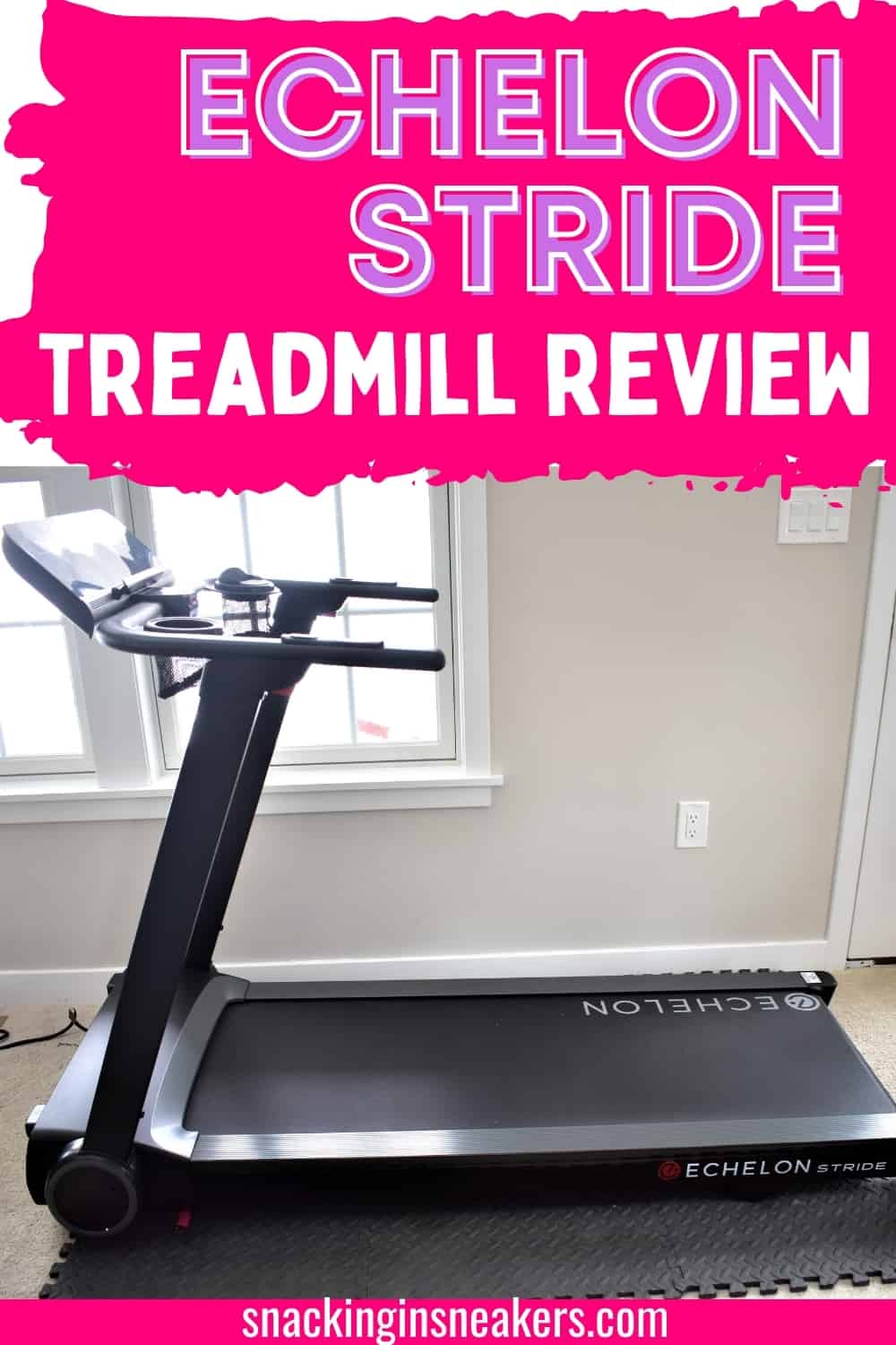 A treadmill on a heavy duty foam mat next to a window, with a text overlay that says 