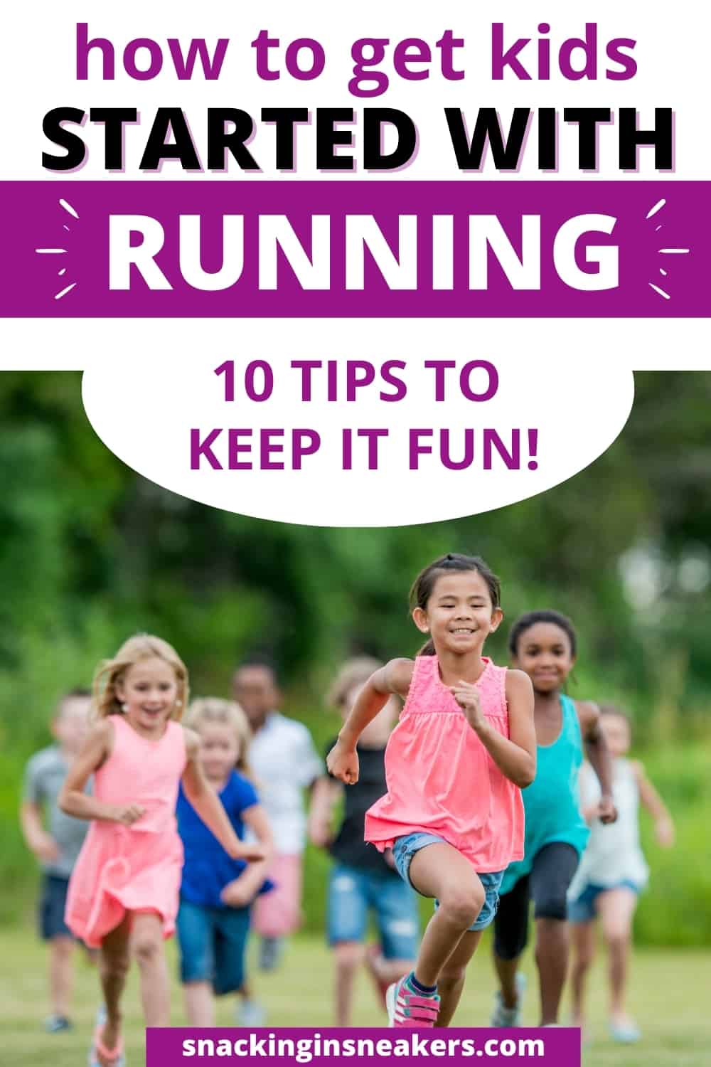 A group of kids running outside on the grass.