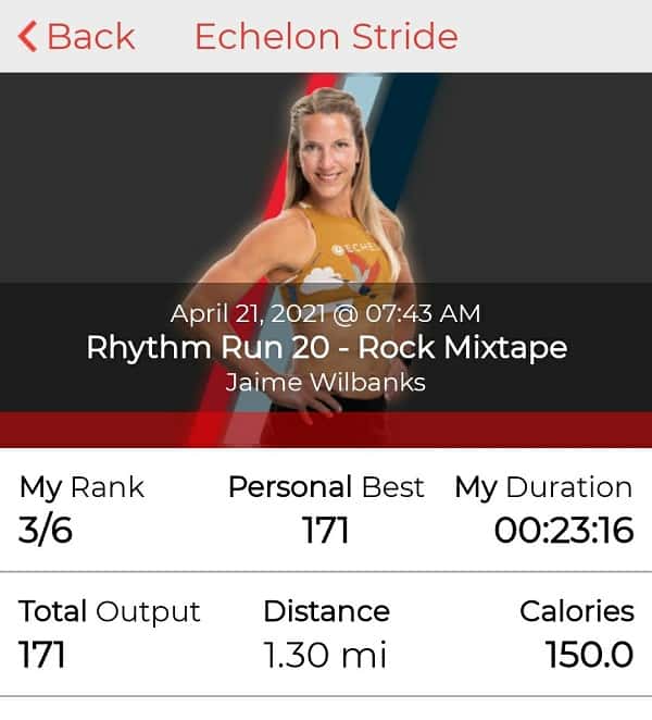 Screenshot of workout stats from the Echelon app.
