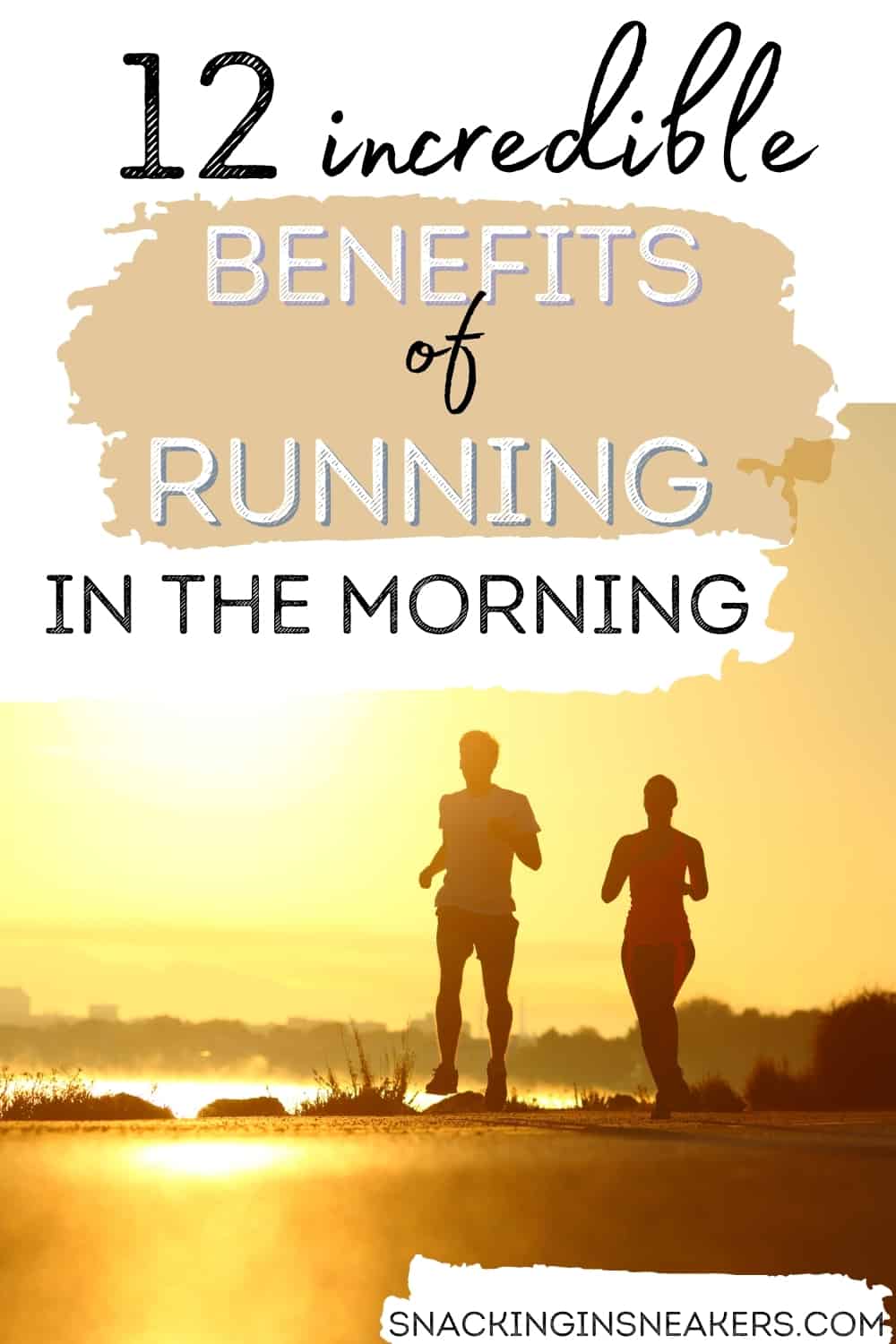 A couple running outside at sunrise, with a text overlay that says 