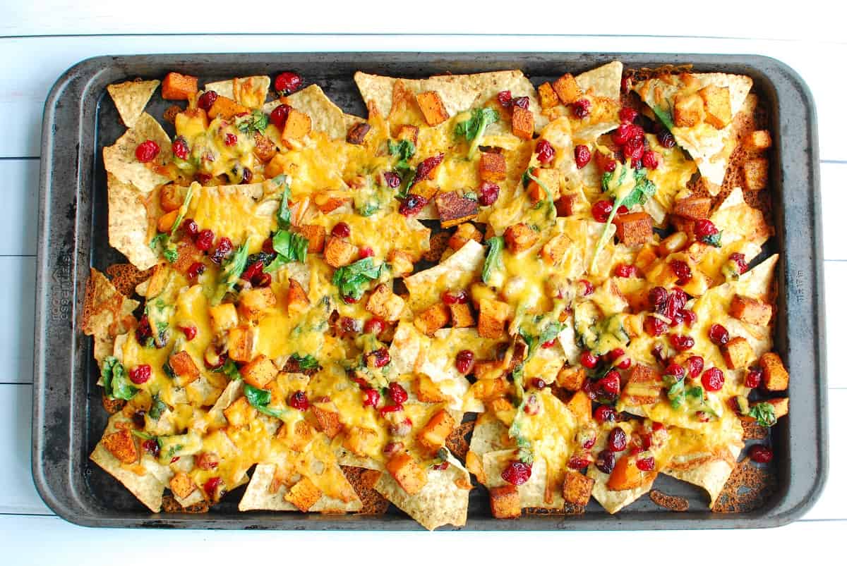 Sheet pan nachos after cooking in the oven.