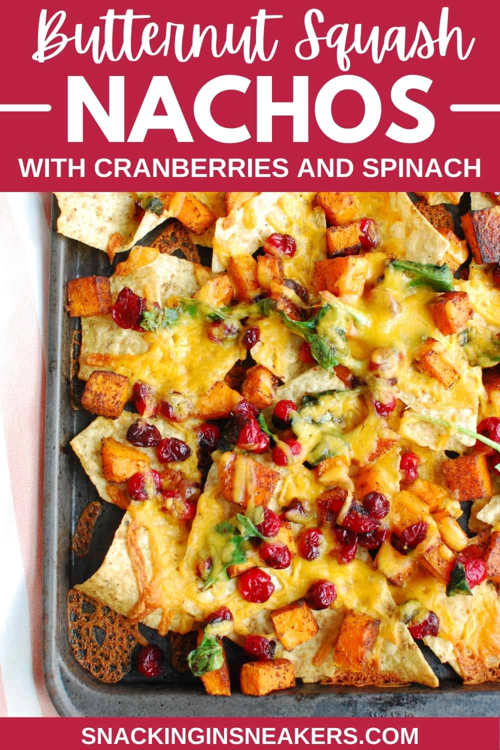 A sheet pan filled with butternut squash nachos.