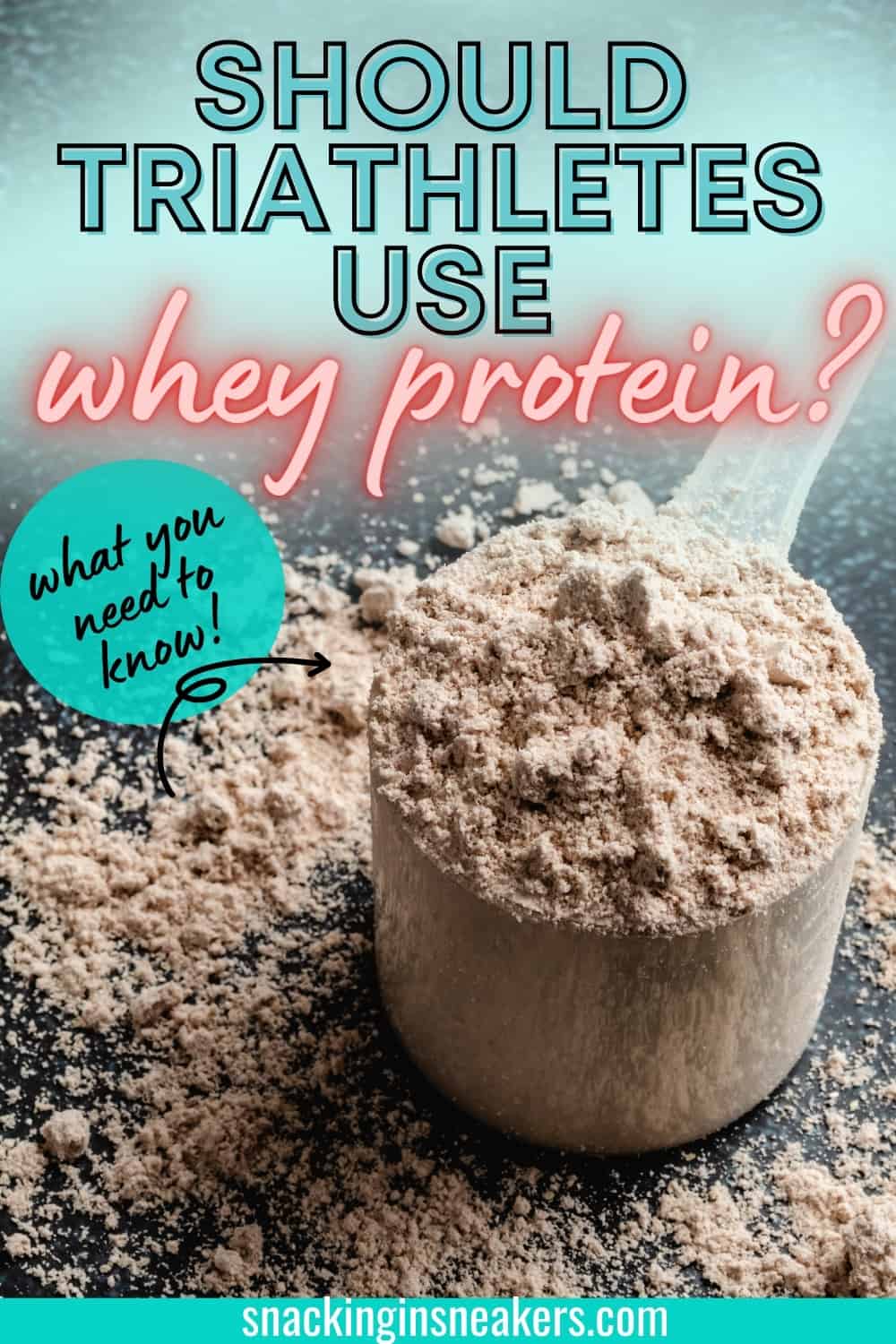 A scoop of whey protein powder with a text overlay that says 