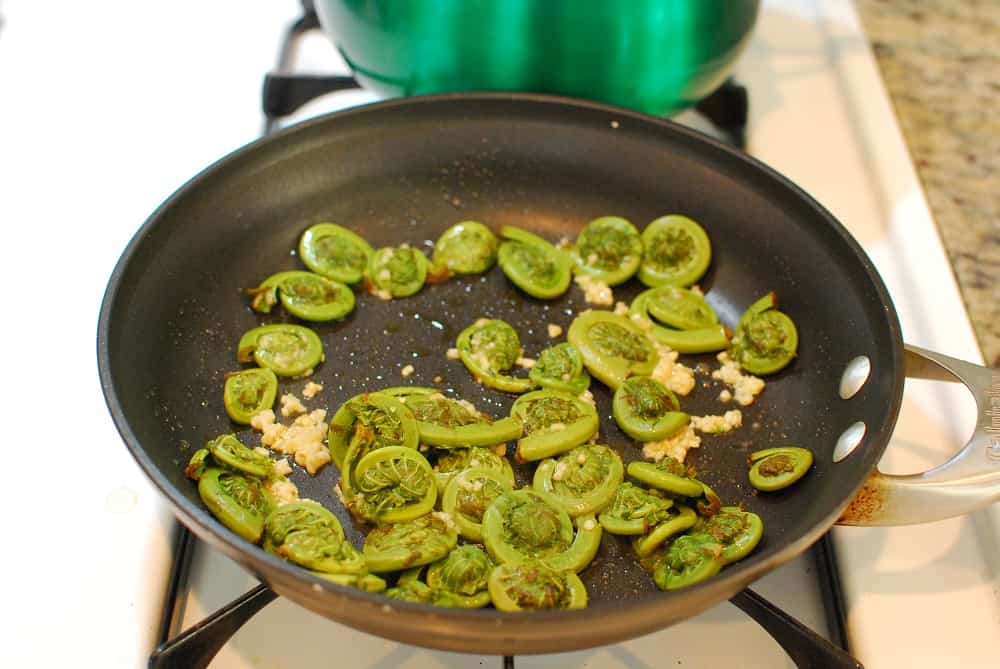 Fiddleheads being sauteed in a pan with olive oil and garlic.